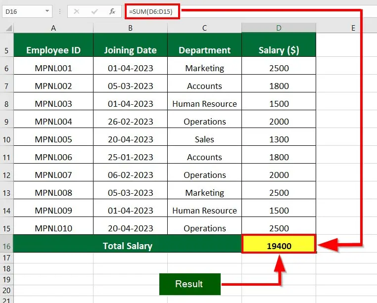 Excel SUM MAX MIN AVERAGE-Example 1 Solution Step 2