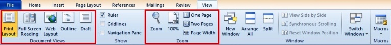 Microsoft Word Features - View Screen