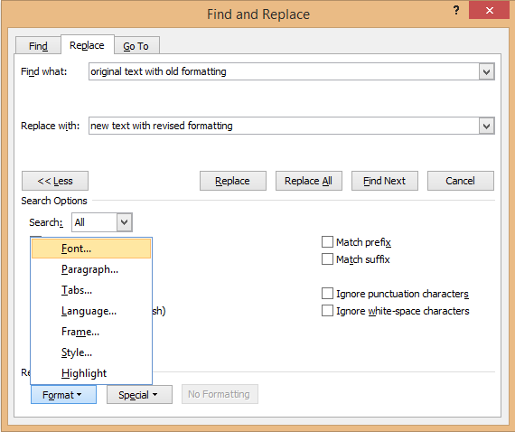 finding text formatting in word