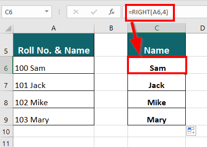 RIGHT Function result