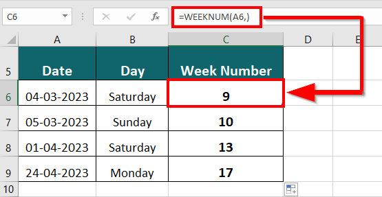 WEEKNUM Function result