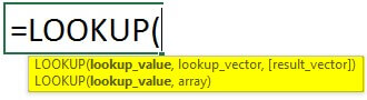 Syntax of Excel LOOKUP Function