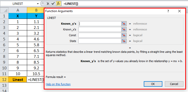 LINEST Function Dialog Box 1