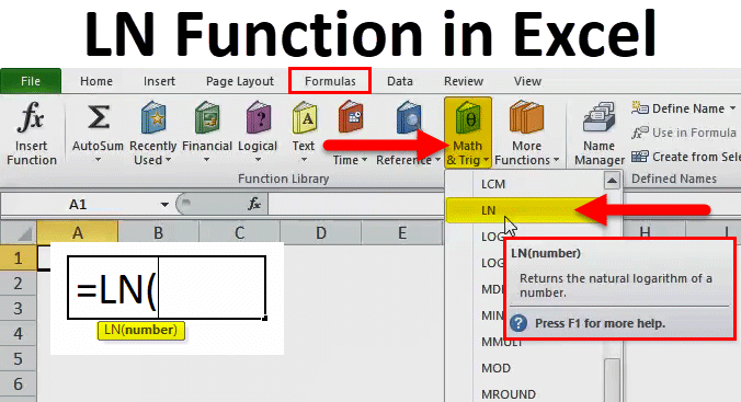 natural log in excel