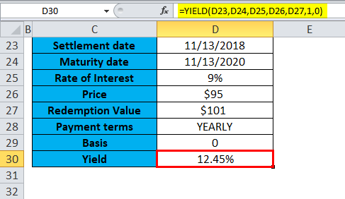 Excel YIELD Function Example 3-4
