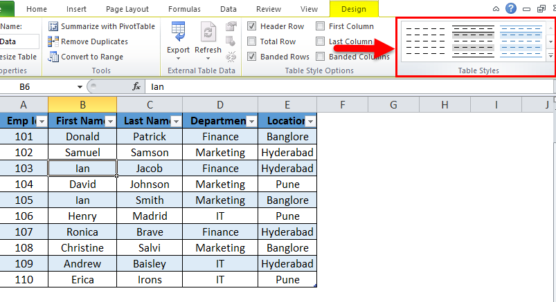 Excel Table (click o n table styles)
