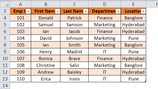 data table assignment in excel