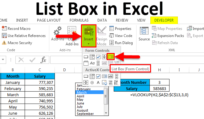 how to insert list box in excel