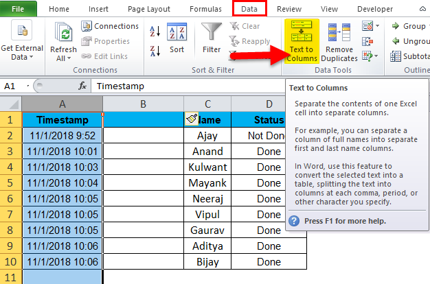 text to columns in excel shortcut keys