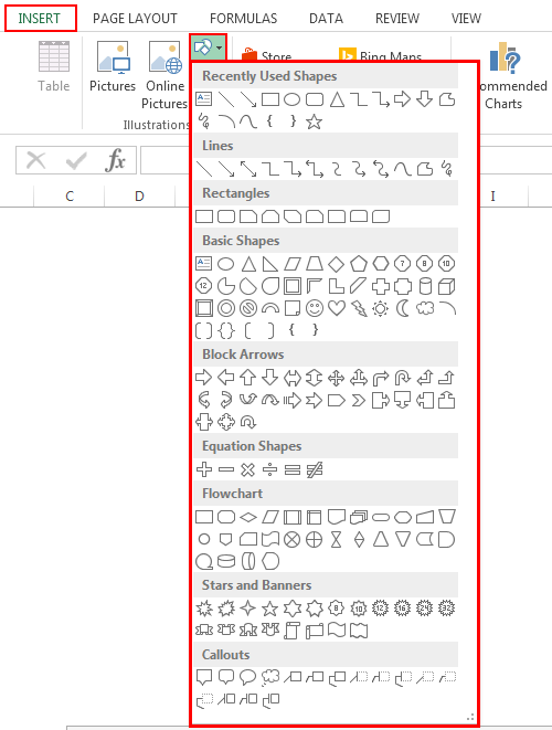 how to add shapes in excel