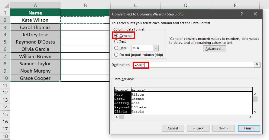 Text to Columns in Excel-Example 1 scenario 2 Step 4
