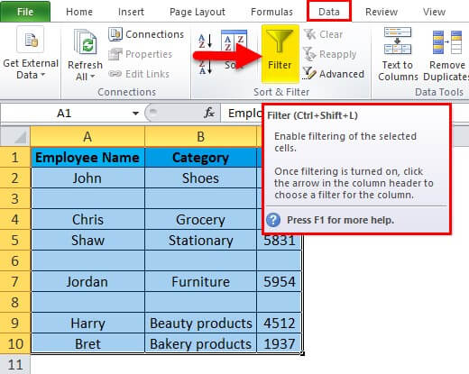 remove blank rows in excel-Example 3 Step 1