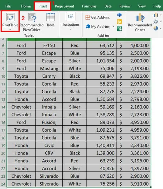 Insert - Pivot Table