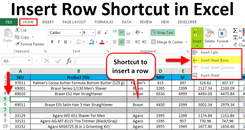 Insert Row Shortcut in Excel 