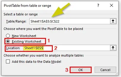 PivotTable from table or range