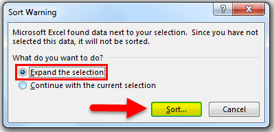 Sorting in excel example 3.2