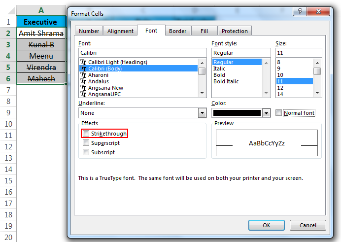 Strikethrough in Excel (format cell)