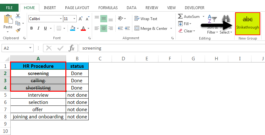 microsoft excel how to strikethrough text