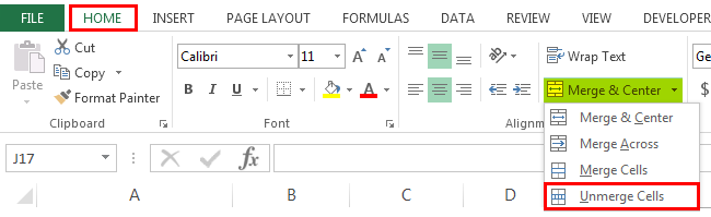 Unmerging the Cells in Excel (Home)
