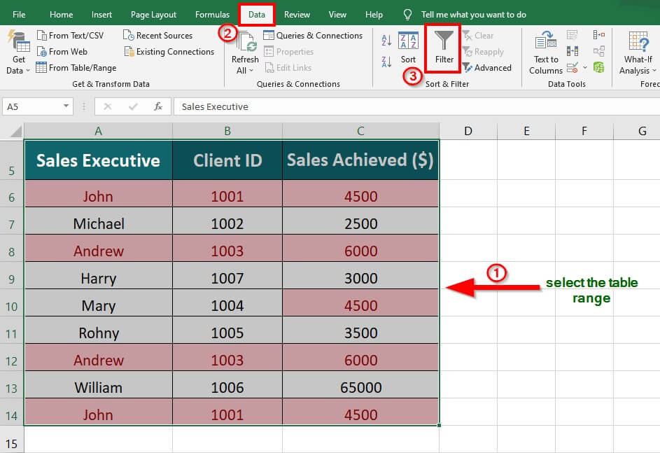 Using the Filter option to remove duplicates in Excel step 3