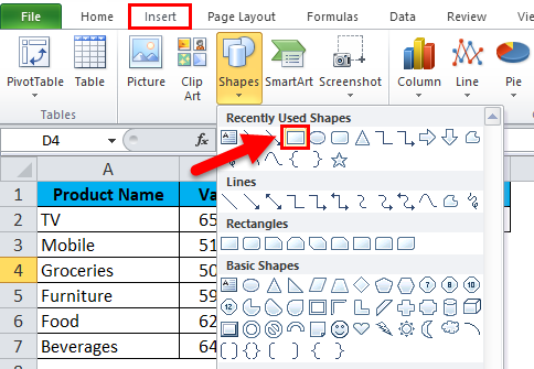 Go to Insert and Select the rectangular shape.