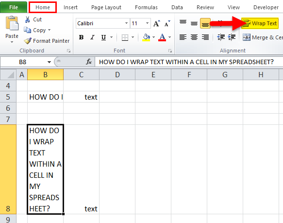 wrap text in excel