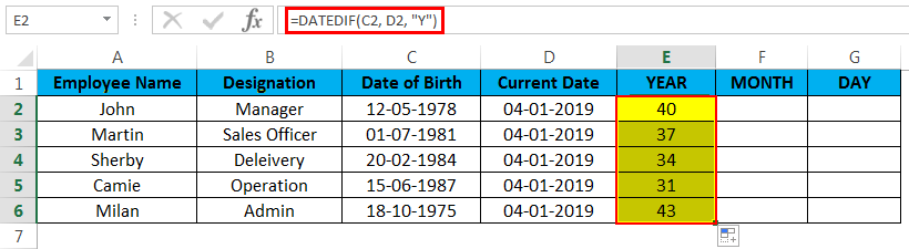 calculate age in excel example 2.5