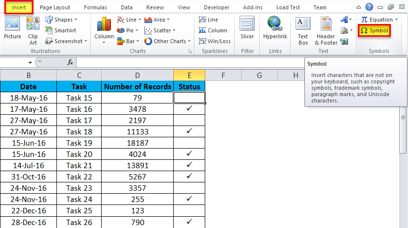 check mark in excel for mac