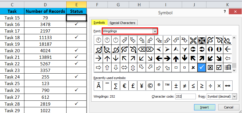 check mark in excel for mac