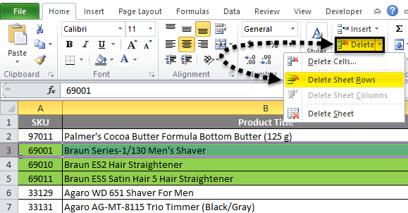 Delete Row Shortcut Example 1-2