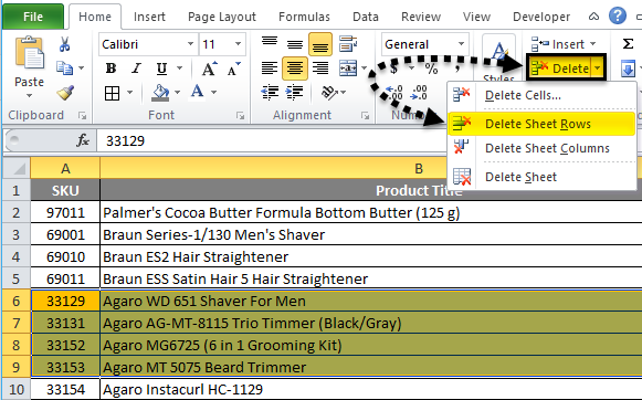 Delete Row Shortcut Example 2-3