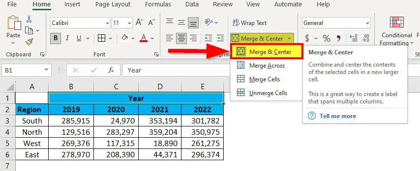 Eg 1 step 1 Use the Merge & Center button