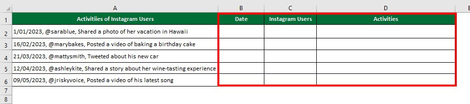 Split Cell in Excel-Example 4 Solution Step 1