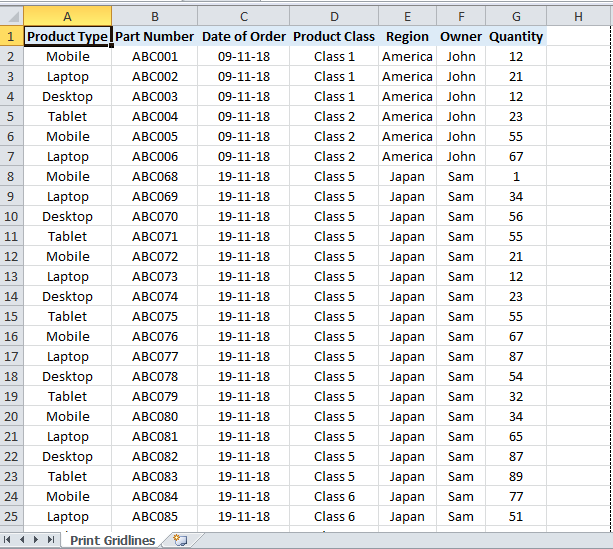 Print Gridlines in Excel example 1-2