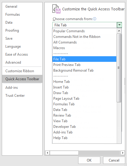 Toolbar in Excel (File tab)