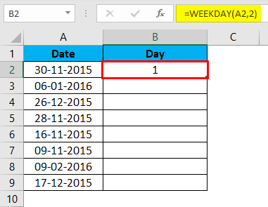 WEEKDAY Formula Example 1-5