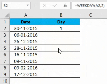 WEEKDAY Formula Example 1-6