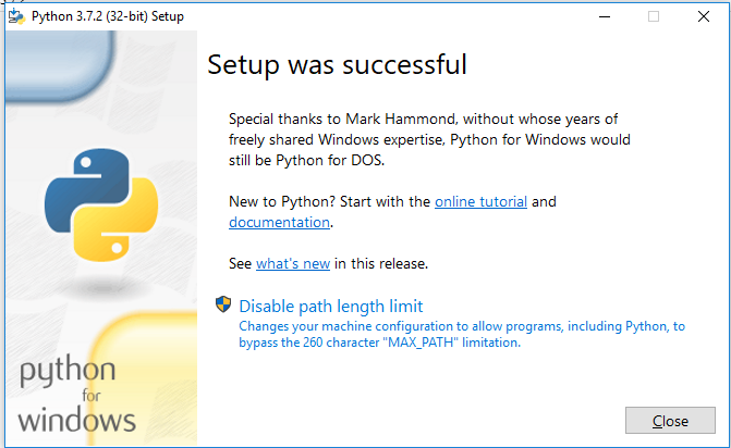 Installation of python is sucessful