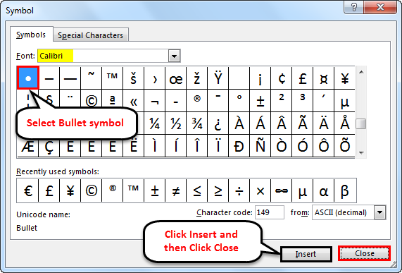 unicode command for bullet point