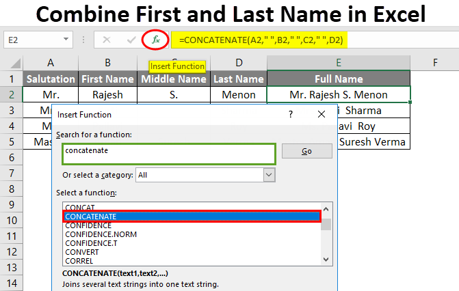 How to combine first and last name in Excel