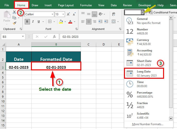 Excel Date Format-Example 1 Step 2
