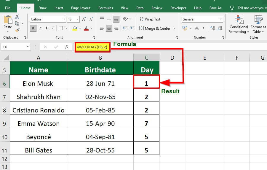 Excel Formula for Weekday