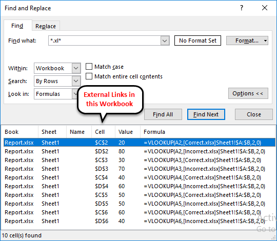 Find External Links in Excel Example 1-7