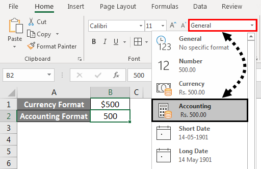 Accounting Format under Number Formatting Group