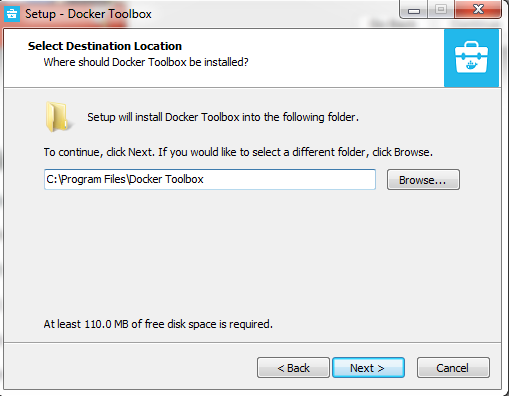 Select Destination location for docker toolbox