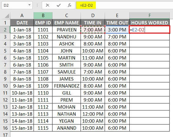 Timesheet in Excel Example 2-2