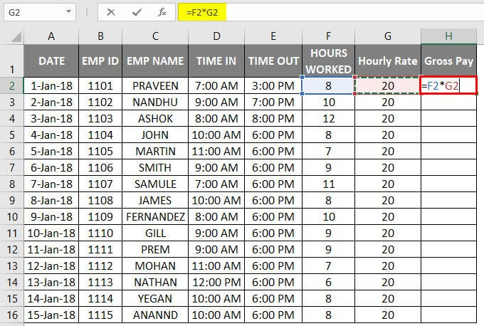 Timesheet in Excel Example 2-8