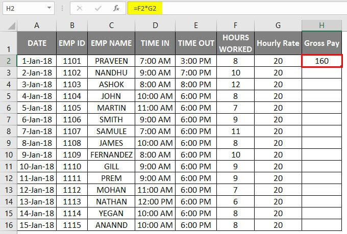 Timesheet in Excel Example 2-9