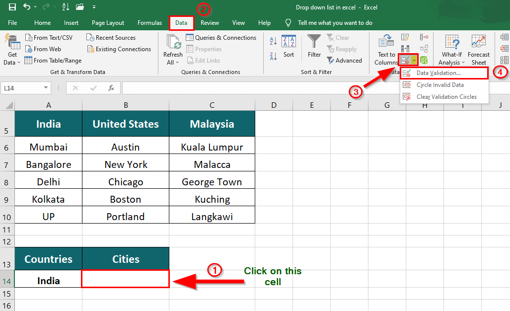 Drop Down List in Excel-Data 