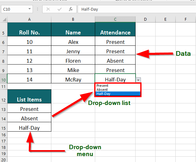 Drop down list in Excel